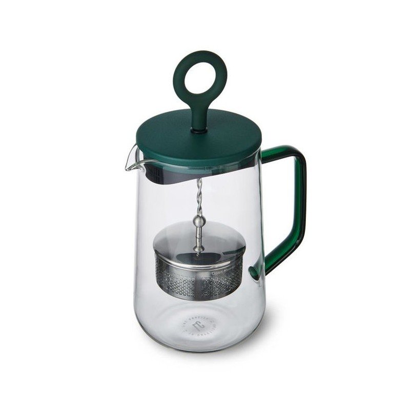 4. Angled view of La Cafetière Gyro Teapot with green lid and handle, 1.25 liters