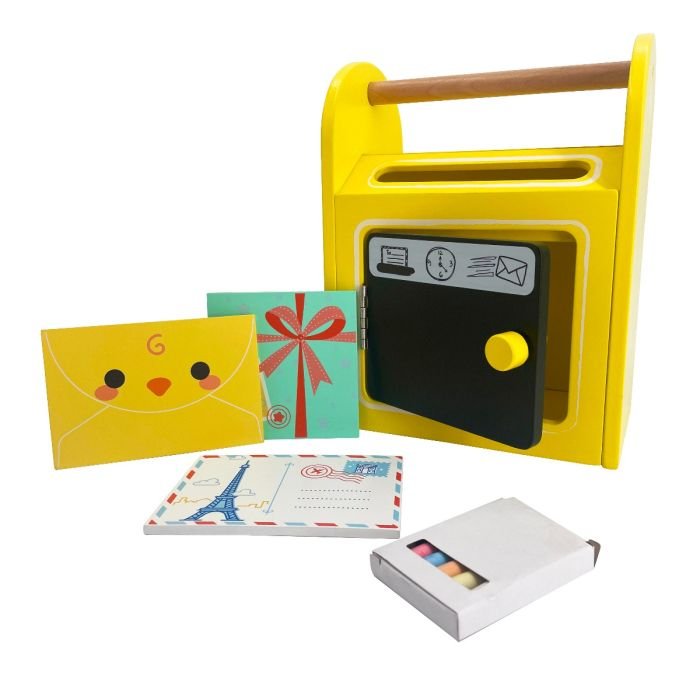 4. Yellow wooden mailbox toy with open door, colorful envelopes, postcards, and chalk, by Gerardo's Toys
