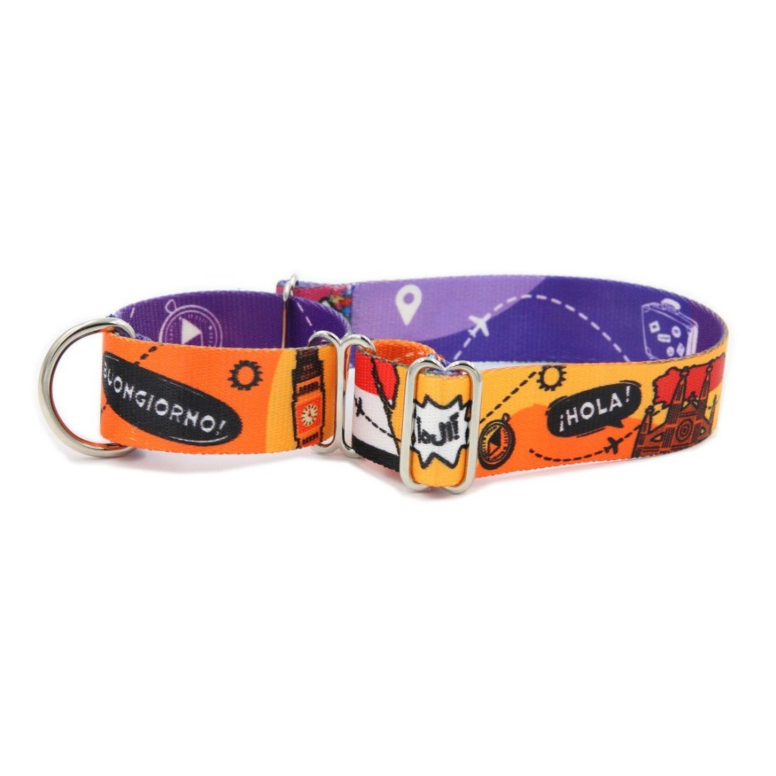 2. Orange and purple dog collar with travel icons and greetings, nickel-plated hardware, suitable for dogs with wider necks