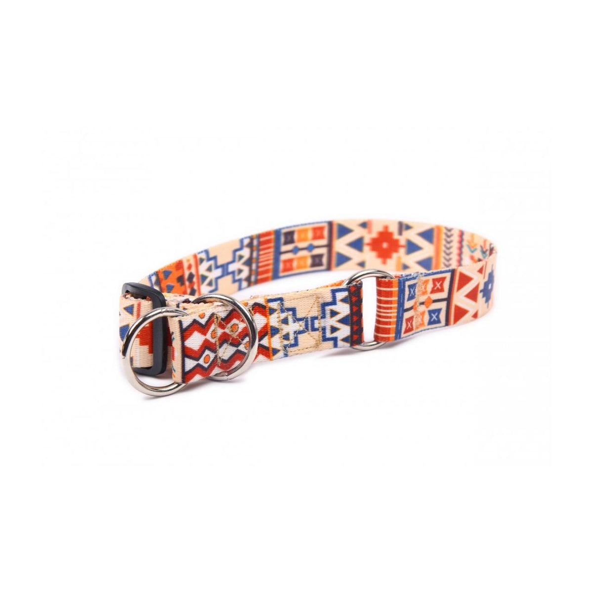 1. Boho style dog collar with vibrant geometric patterns in red, blue, and beige, featuring adjustable metal rings, shown on a white background