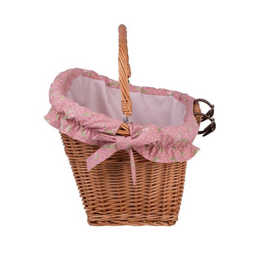 10. Vertical view of handmade wicker bike basket with pink floral fabric liner and leather straps, highlighting practicality and design