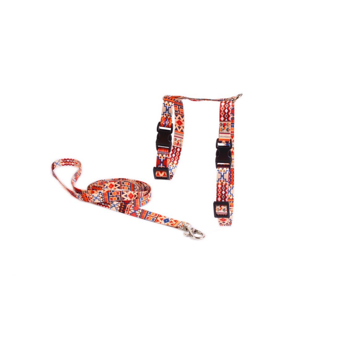 2. Boho-style cat harness and leash set in vibrant red, orange, and blue geometric pattern with black buckles, shown on a white background, includes 120cm leash by Matteo