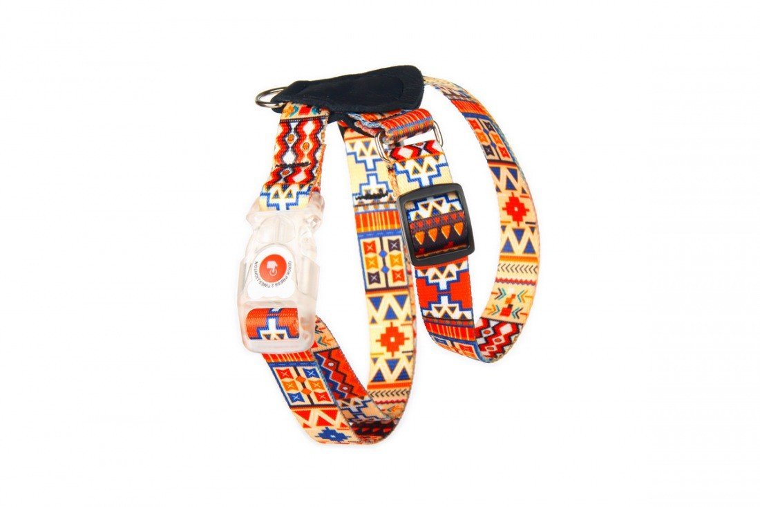 3. Close-up of Matteo Boho Collection dog harness showing colorful geometric pattern and durable plastic buckle