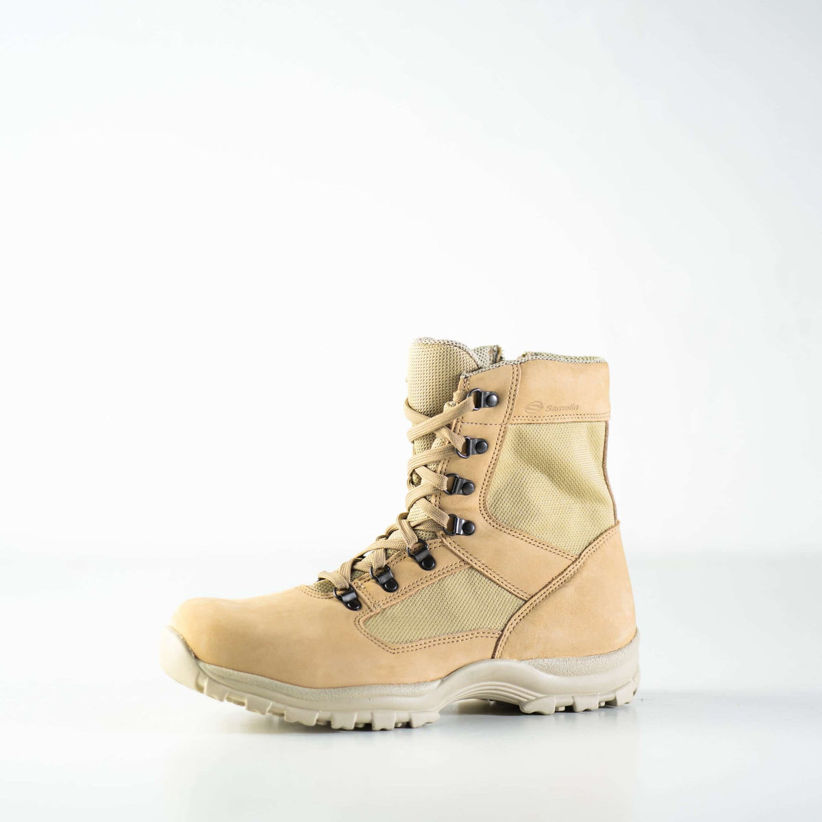 4. Studio image of Samelin Light Street Boots 582 in beige, showing side profile with durable sole