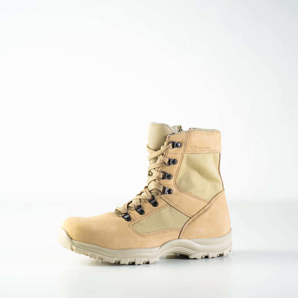 4. Studio image of Samelin Light Street Boots 582 in beige, showing side profile with durable sole