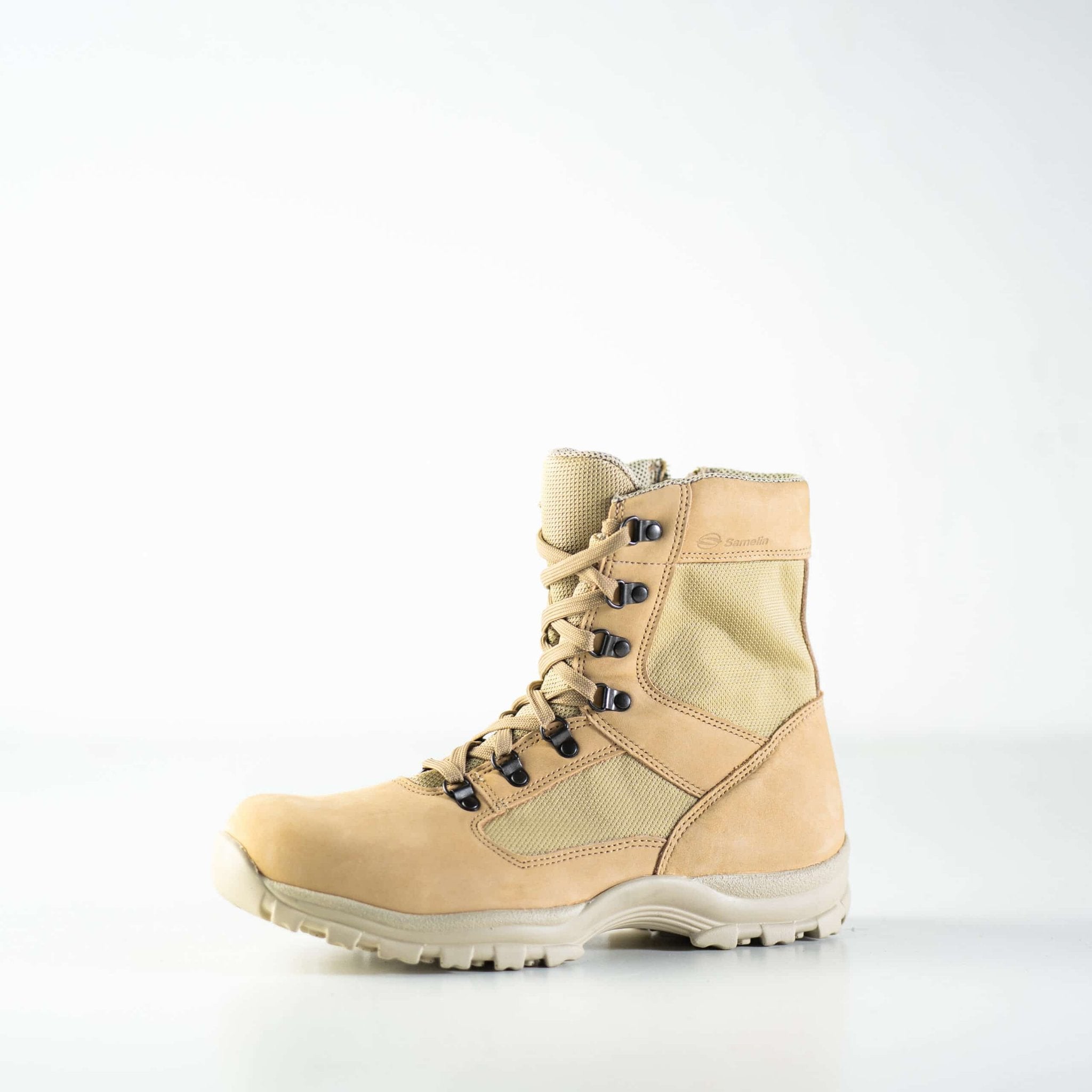 4. Studio image of Samelin Light Street Boots 582 in beige, showing side profile with durable sole
