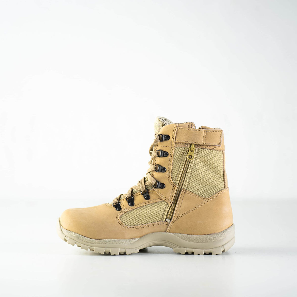 3. Studio shot of Samelin Light Street Boots 582 in beige, featuring side view with convenient side lock