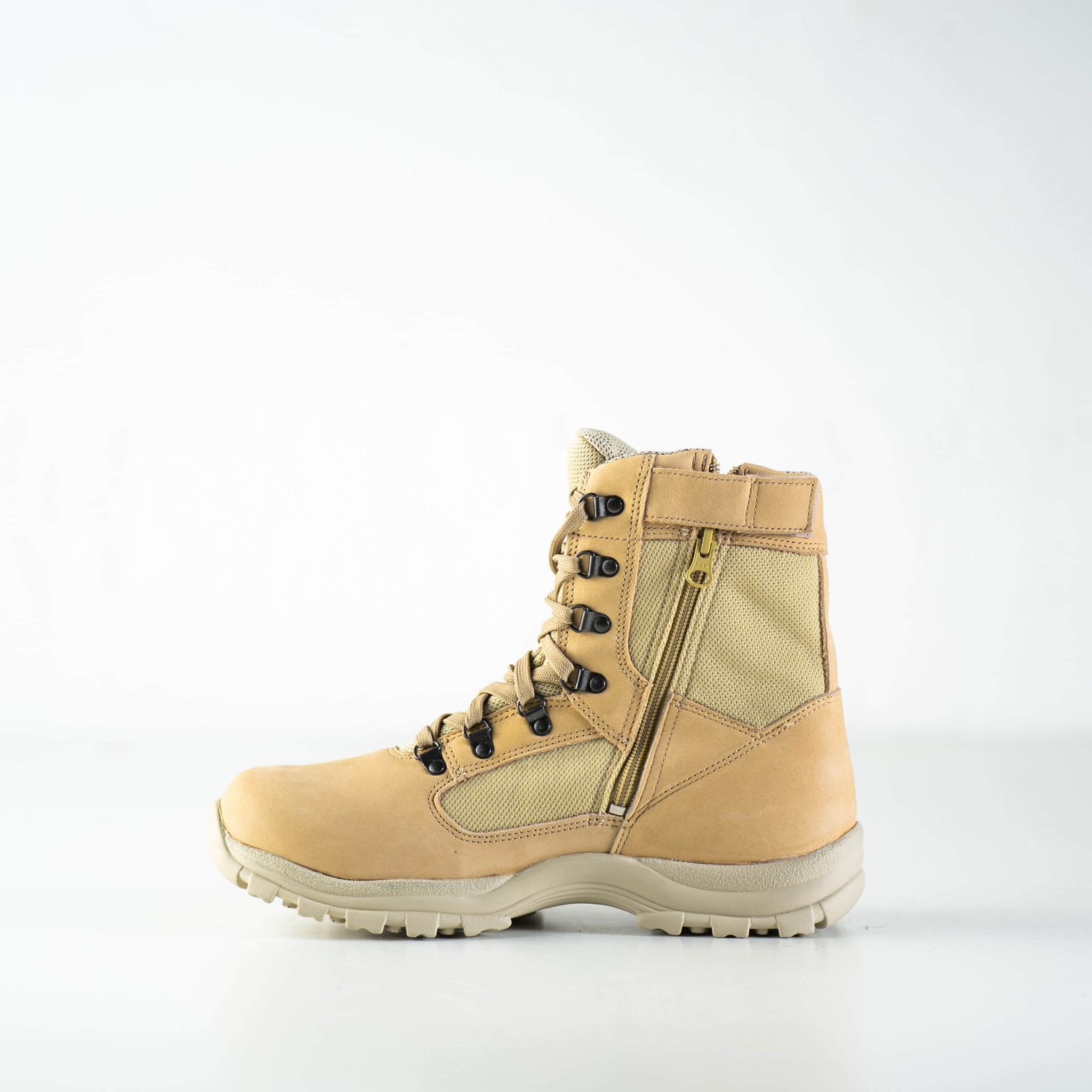 3. Studio shot of Samelin Light Street Boots 582 in beige, featuring side view with convenient side lock