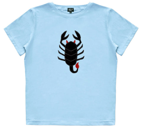 3. Women's Scorpio T-shirt by HILP in light blue, with a black scorpion design, studio shot