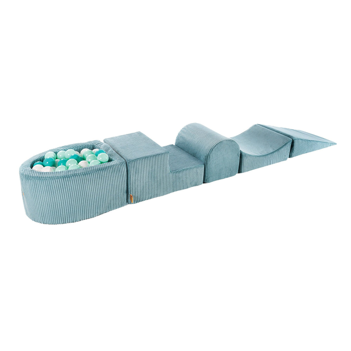 1. MeowBaby turquoise playset with small ball pit and colorful balls, featuring five foam modules for children's play and exercise, shown on a white background