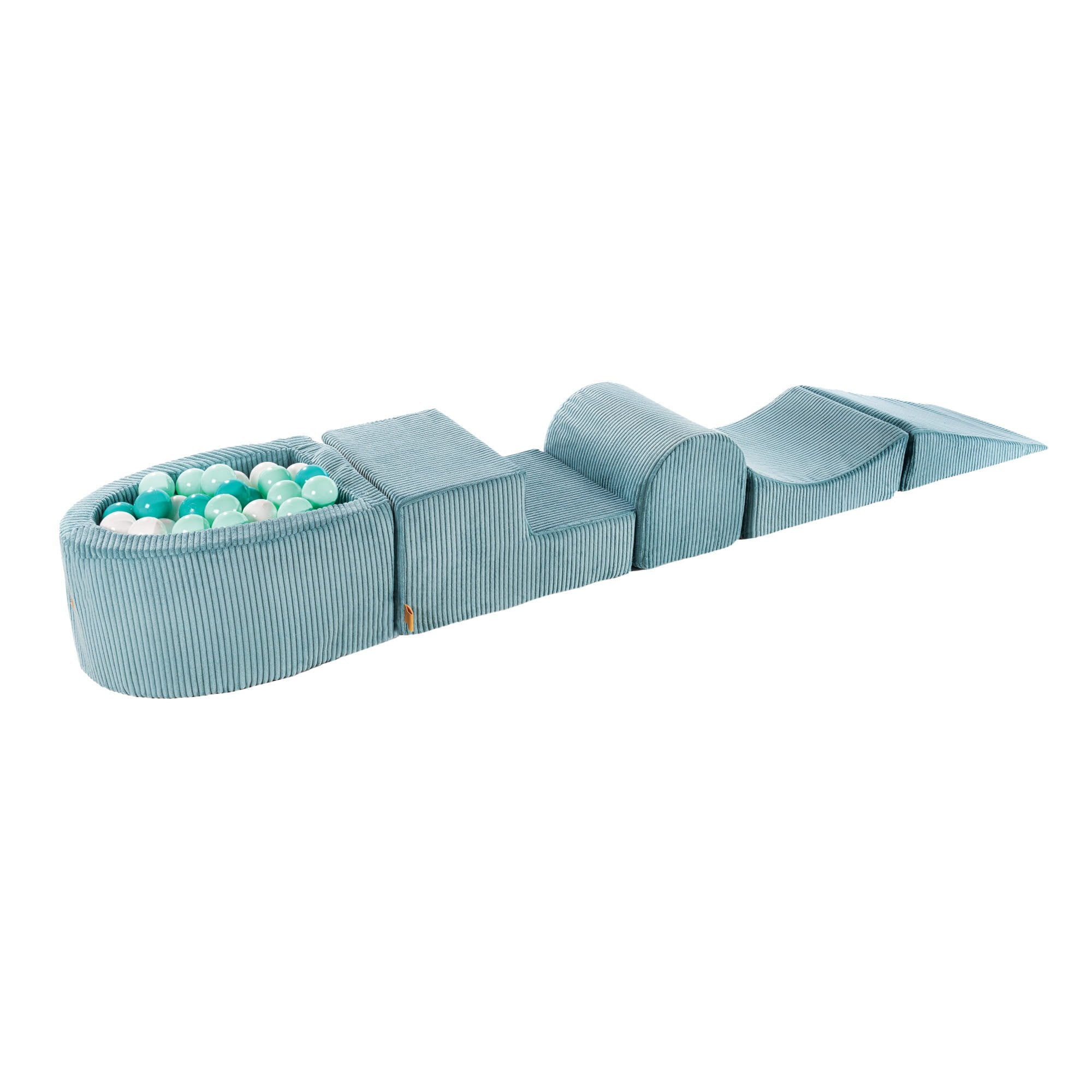 1. MeowBaby turquoise playset with small ball pit and colorful balls, featuring five foam modules for children's play and exercise, shown on a white background