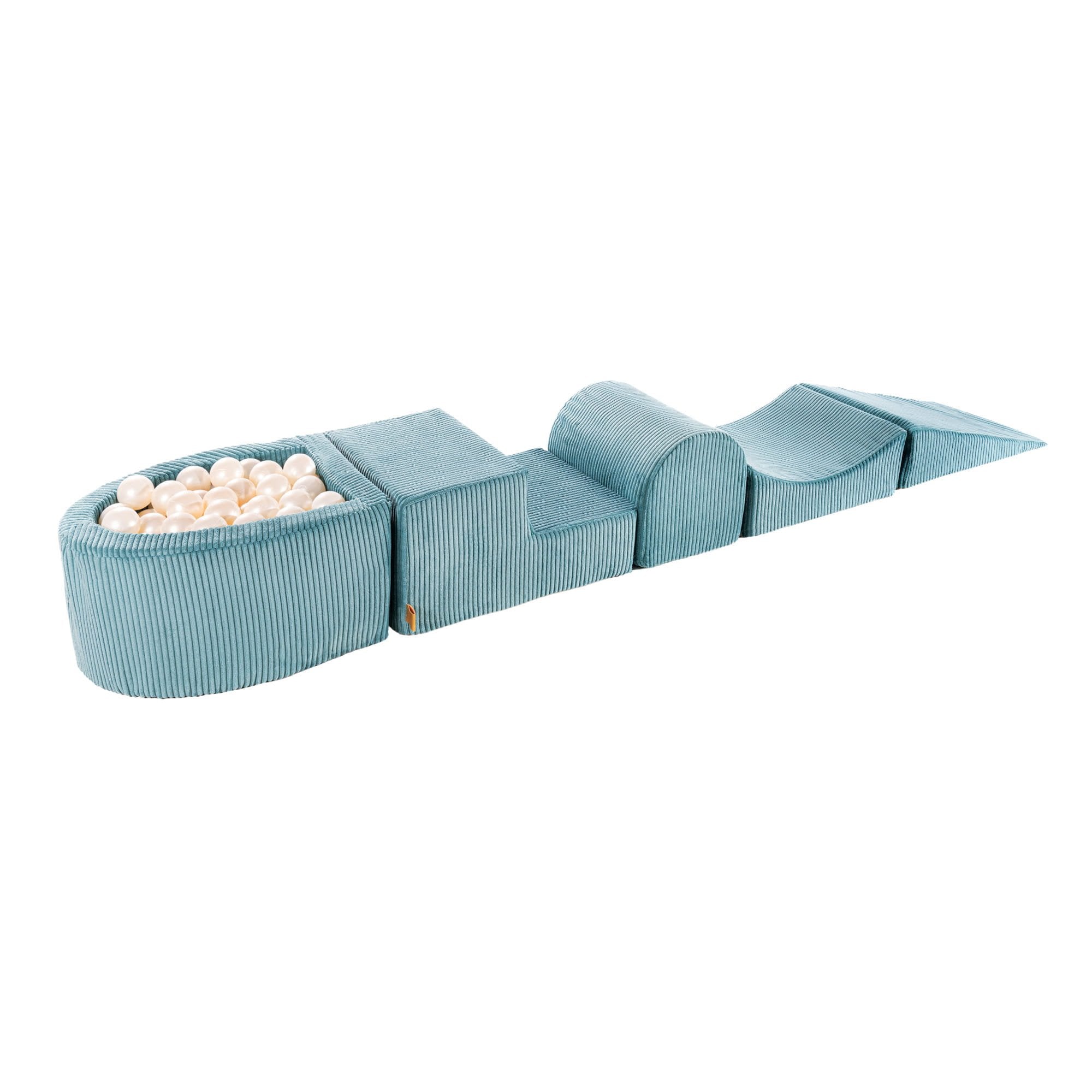 2. MeowBaby playset with turquoise and white pearl ball pit, featuring five-piece foam modules for children's play and exercise, shown on a white background