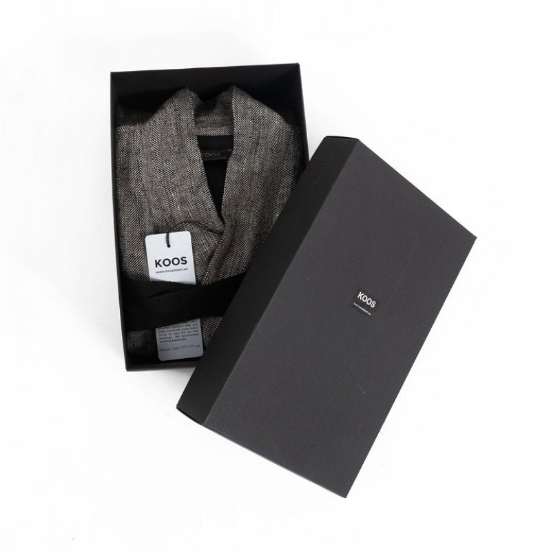4. KOOSdisain linen bathrobe in grayish-black with fishtail pattern, packaged in black box with brand logo
