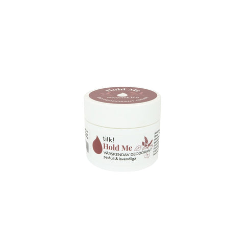 3. Tilk! Hold Me Aluminium Free Deodorant with Patchouli & Lavender, 30ml, closed jar in studio setting