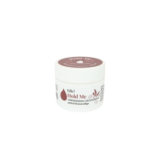 2. Tilk! Hold Me deodorant jar in studio setting, showcasing product label