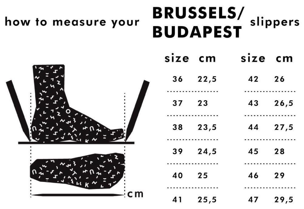 6. Size chart for Brussels/Budapest slippers, showing measurements in cm for sizes 36 to 47