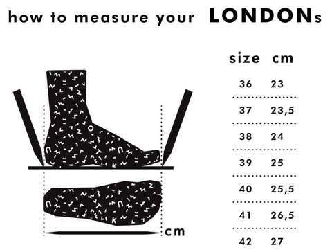5. Size chart for TOKU London shoes, showing foot measurements in cm for sizes 36 to 42
