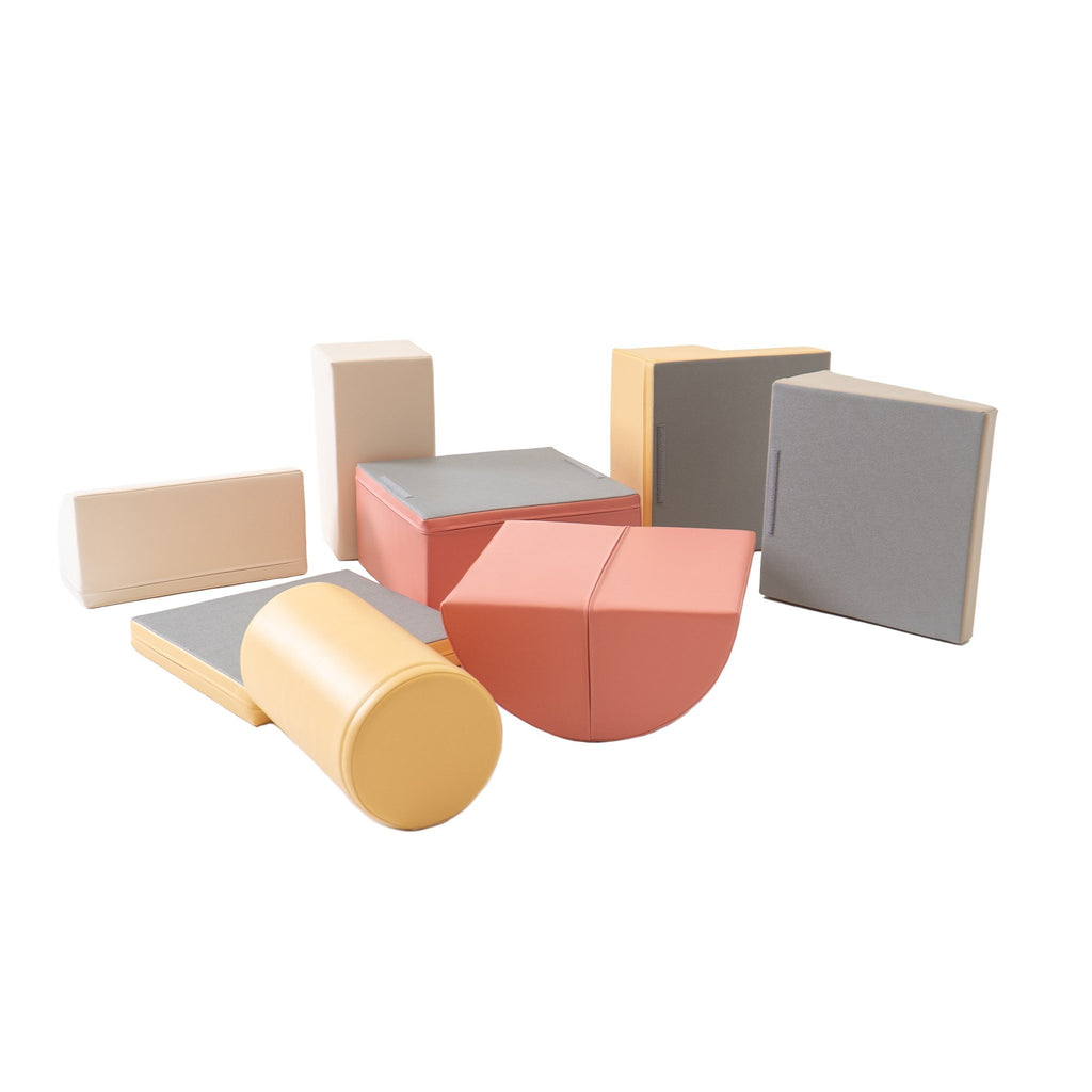 6. IGLU Adventurer pastel pink foam blocks laid out separately showing different shapes