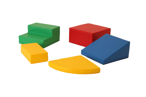 3. Five-piece multi-color foam block set separated and displayed on a white background