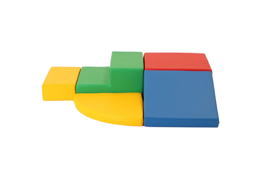 10. Multi-color foam block set arranged in a corner climber configuration on a white background viewed from the side