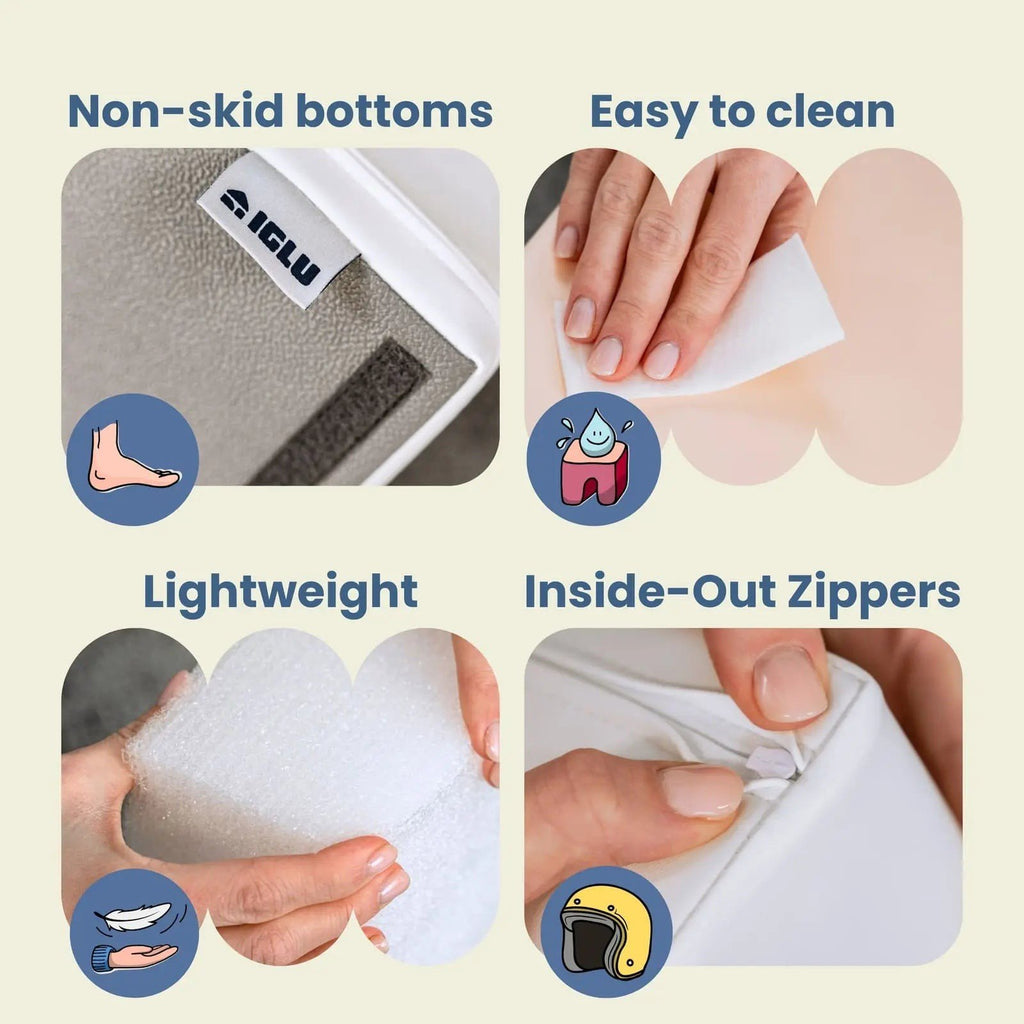 15. Features of IGLU pastel foam blocks including non-skid bottoms and easy-to-clean surfaces