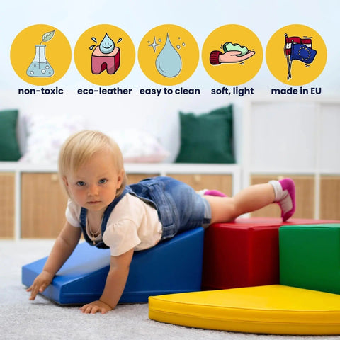 1. Toddler in denim shorts and white shirt playing on colorful IGLU foam blocks with icons showing product features
