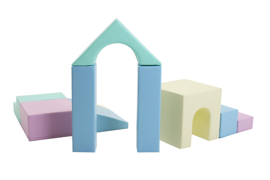 2. Studio shot of pastel foam blocks with arch and steps, showcasing different shapes for play
