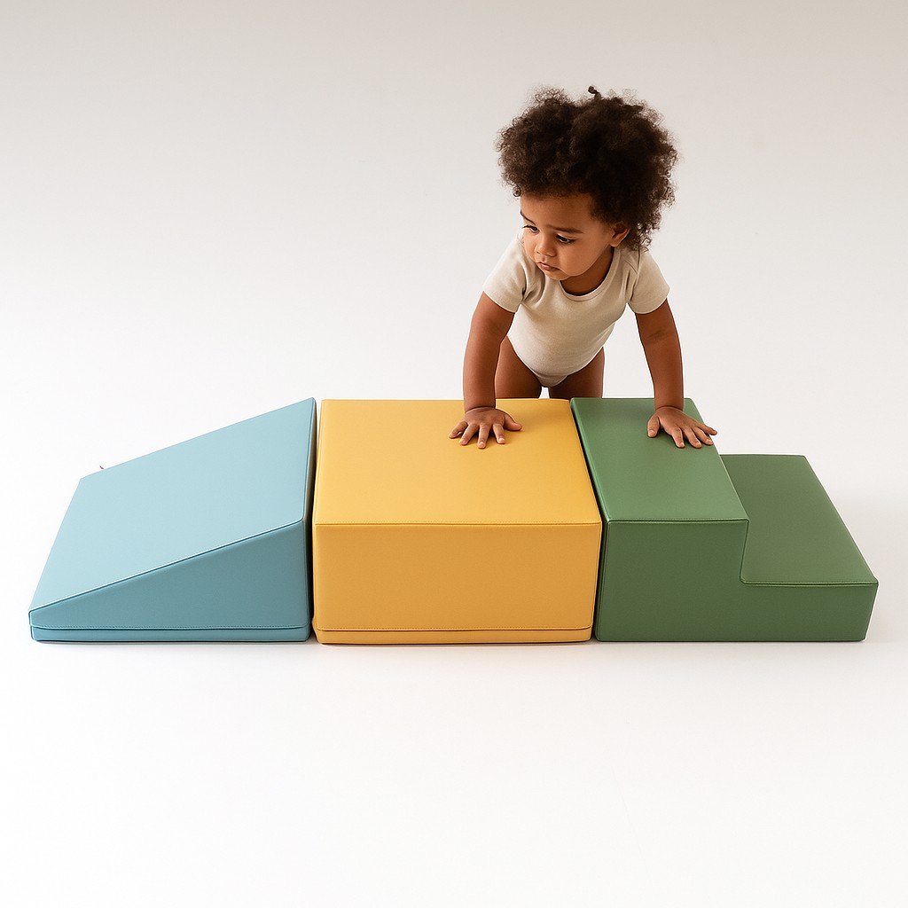 5. Child in white outfit exploring IGLU pastel turquoise, yellow, and green foam blocks in studio setting