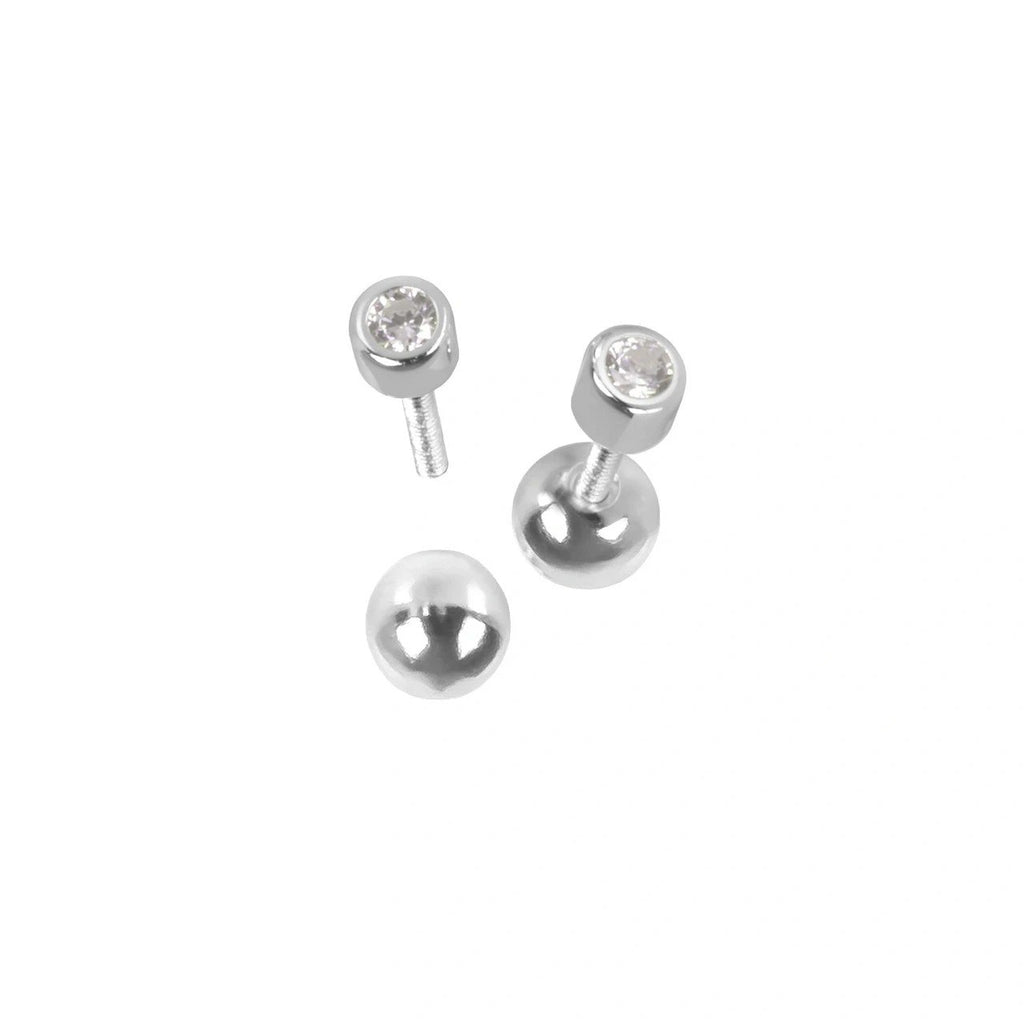 1. MyaMoon Illumi Dot Earrings in silver with clear zircon and 4mm screwball backing, studio shot