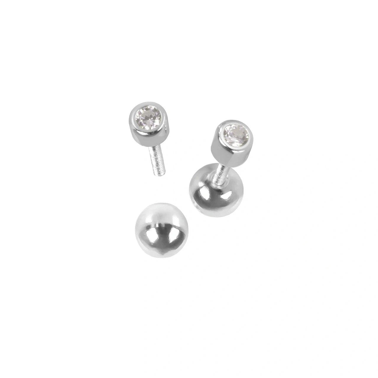 1. MyaMoon Illumi Dot Earrings in silver with clear zircon and 4mm screwball backing, studio shot