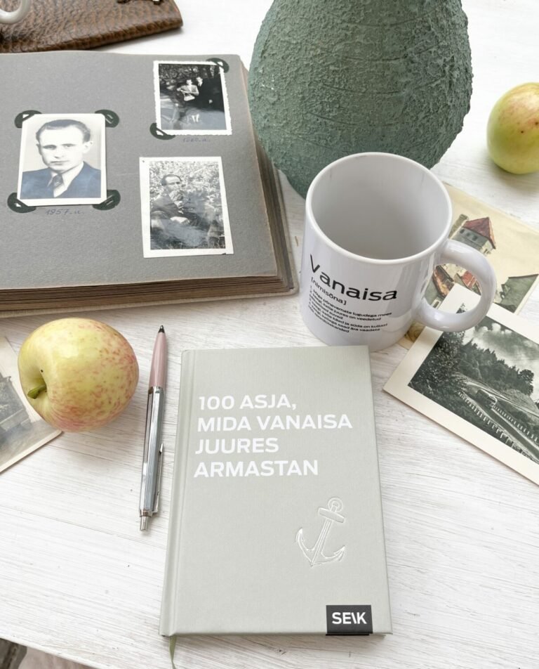 6. Lifestyle image of SEIK's memory book with vintage photos and a mug, perfect for family gatherings and reminiscing