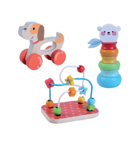 1. Gerardo's Toys wooden playset featuring colorful dog on wheels, bear stacking toy, and bead maze on white background