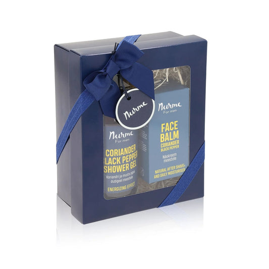1. Nurme men's facial balm with coriander and black pepper, shown with packaging, ideal for after shave and daily moisturizing