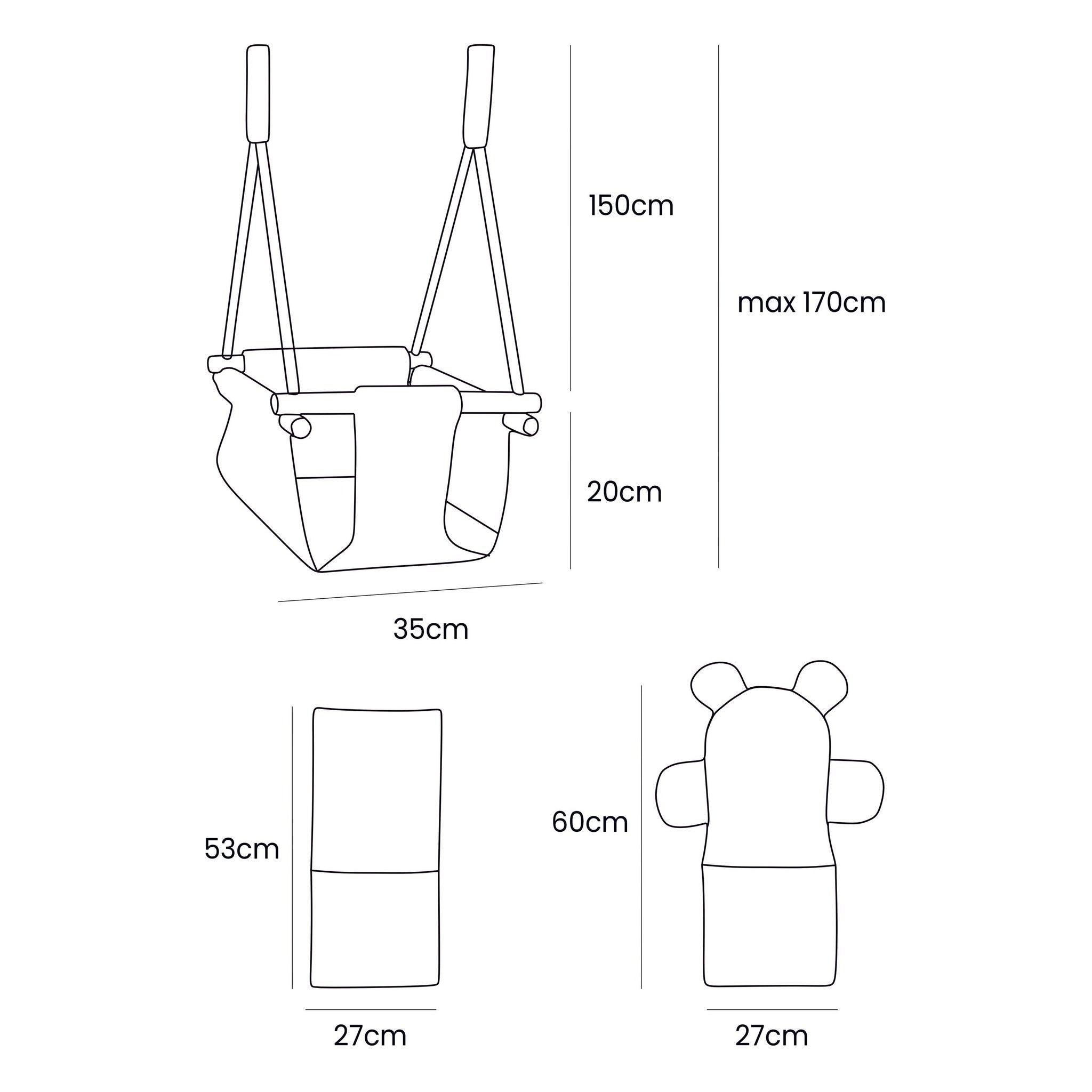5. Size chart for indoor baby swing showing dimensions in centimeters, including seat and rope lengths.