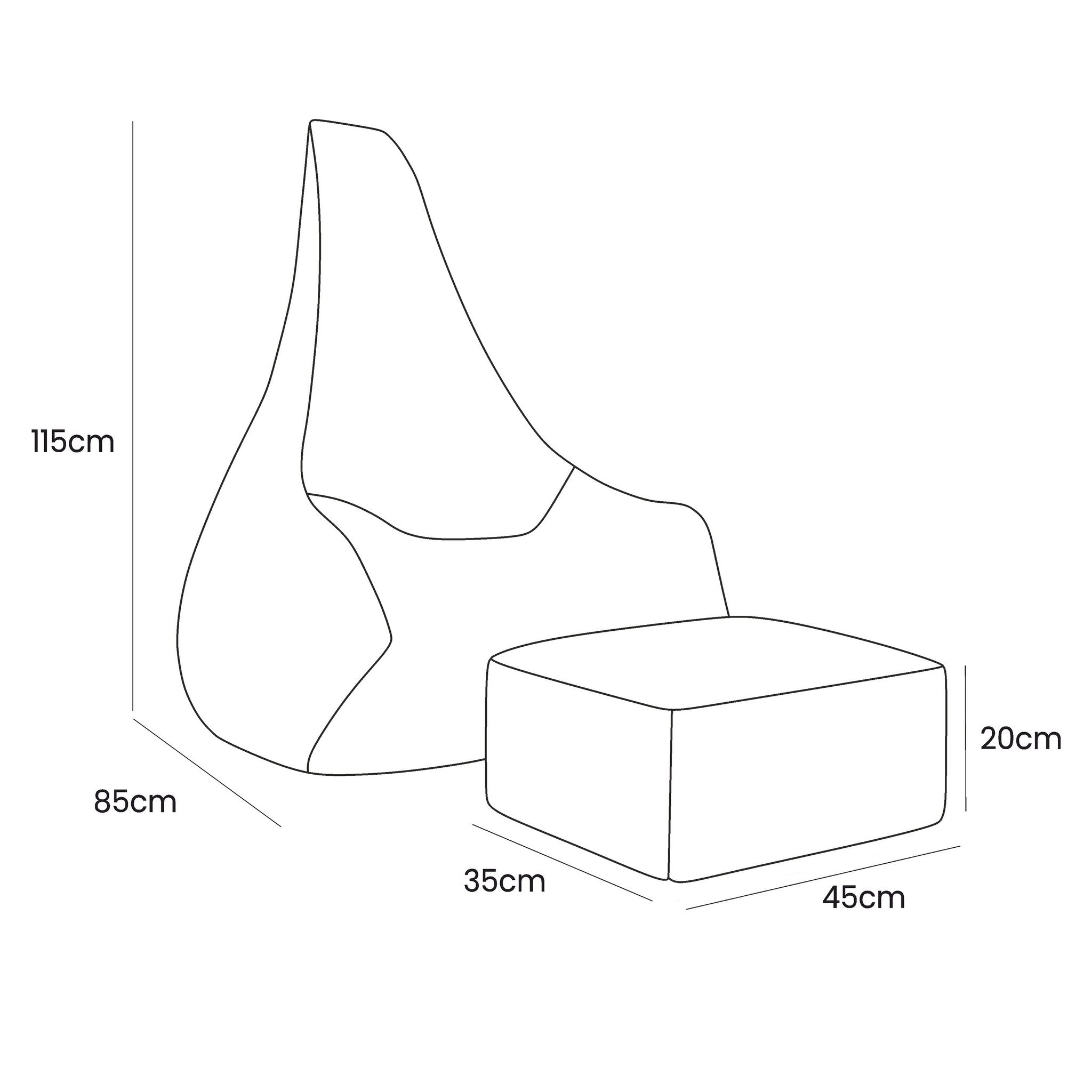 2. Size chart for Tearo bean bag and footrest showing dimensions in centimeters