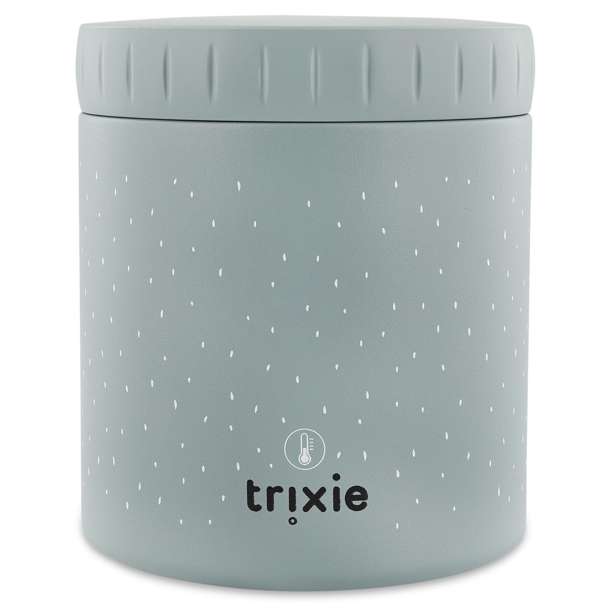 3. Back view of Trixie Baby Mr. Shark insulated lunch pot in light blue with brand logo and temperature icon