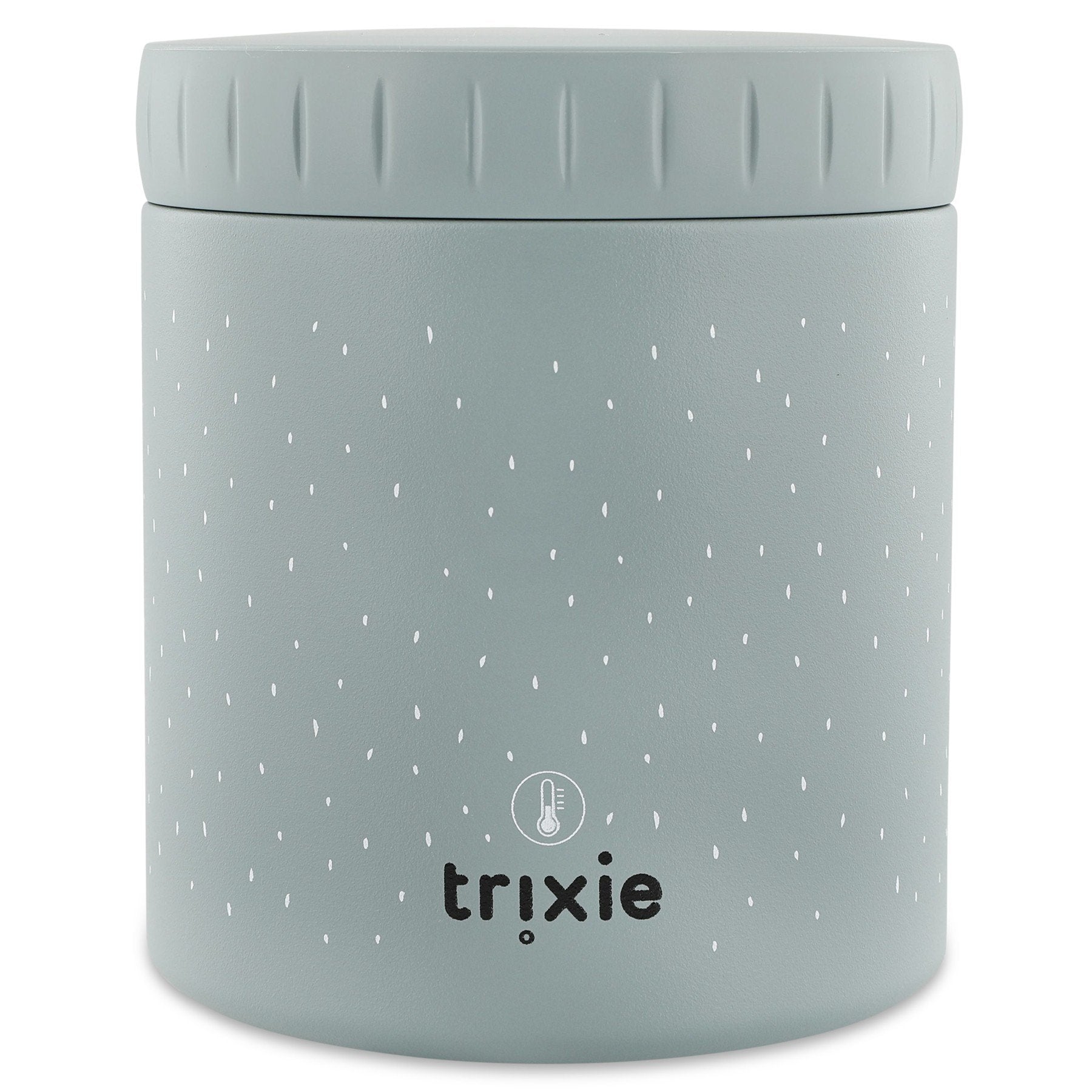 3. Back view of Trixie Baby Mr. Shark insulated lunch pot in light blue with brand logo and temperature icon