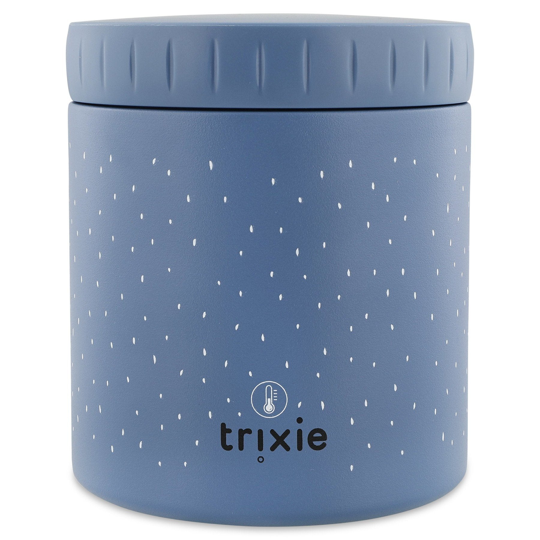 2. Blue insulated lunch pot by Trixie Baby with white dot pattern and brand logo, 500ml capacity, made of stainless steel, shown in studio setting.