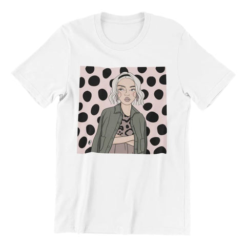 1. Unisex white organic cotton T-shirt with illustration by Getter Tiivits, featuring oversized fit and eco-friendly print