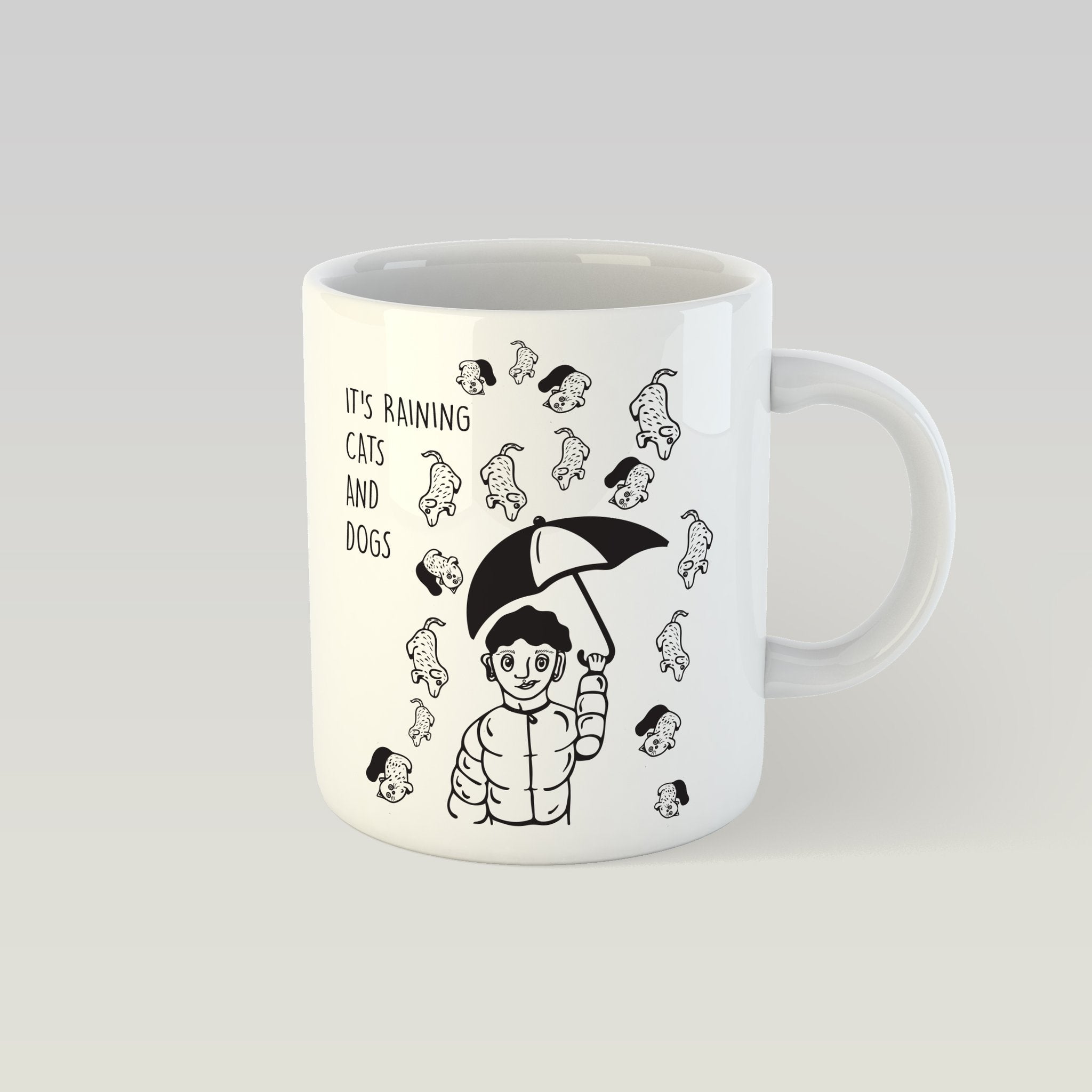 1. SEIK design mug featuring 'It's Raining Cats and Dogs' illustration by Paula Helena Kuklane, showing a person with an umbrella surrounded by cats and dogs, perfect for cozy moments, 330ml capacity