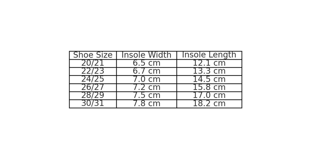 4. Size chart for KAKU children's slippers, showing insole width and length for sizes 20/21 to 30/31