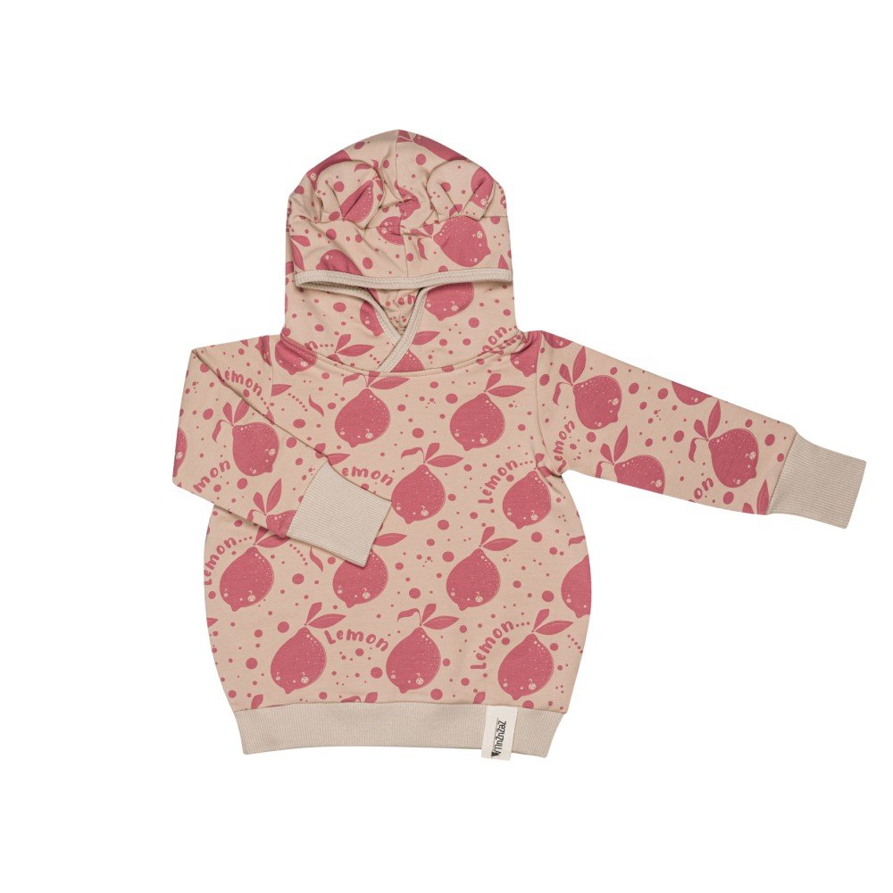 2. Flat lay of Zezuzulla kids beige hoodie with pink lemon print and ears, showing ribbed cuffs and hem