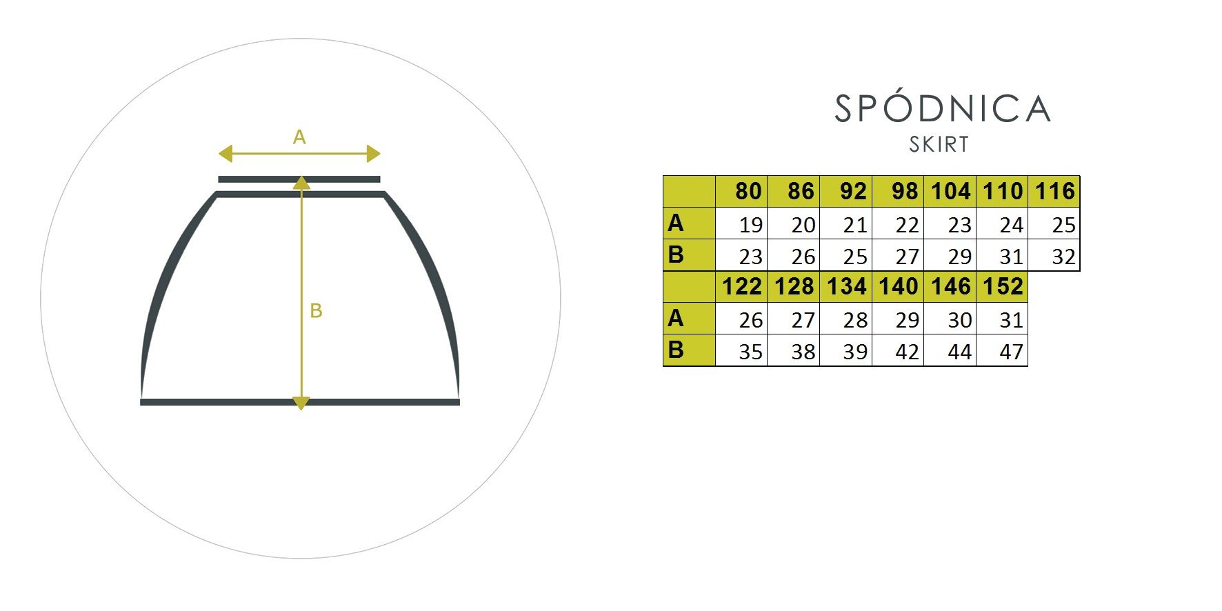 5. Size chart for kids' skirt showing measurements in centimeters for waist and length