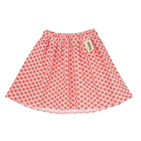 4. Flat lay of Zezuzulla kids' skirt in red and white geometric print with elastic waistband