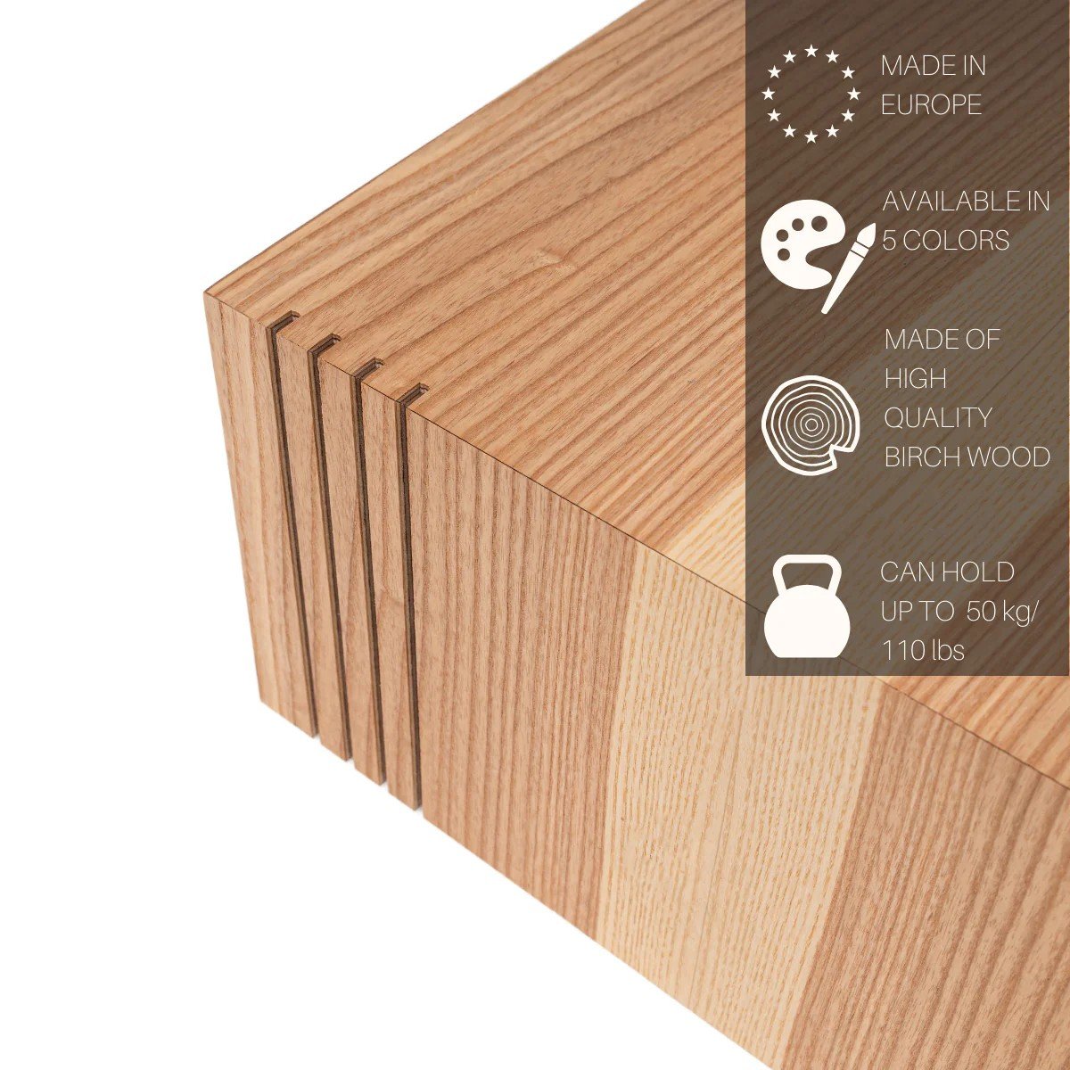 3. Close-up of birch plywood plant stand with text overlay highlighting features like European origin and 50 kg weight capacity