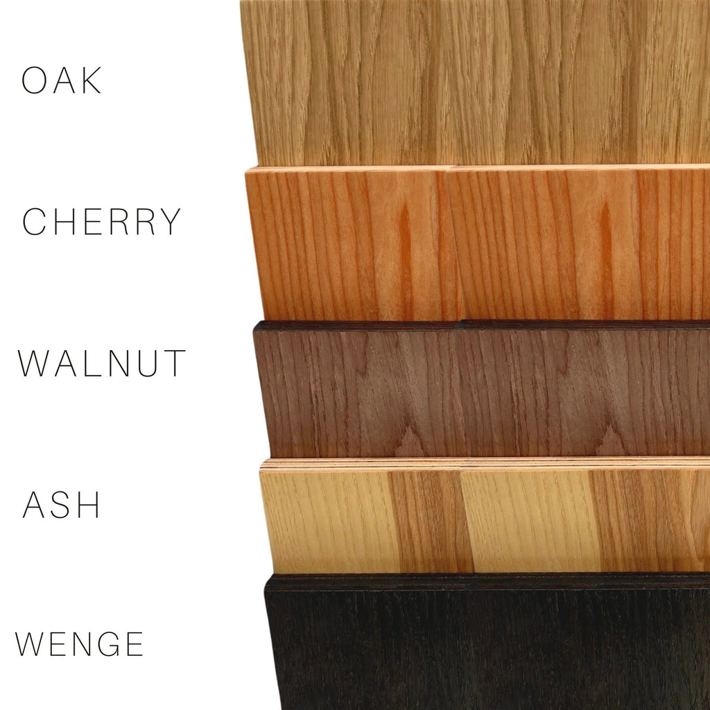 2. Five wood veneer finishes for plant stands labeled oak, cherry, walnut, ash, and wenge