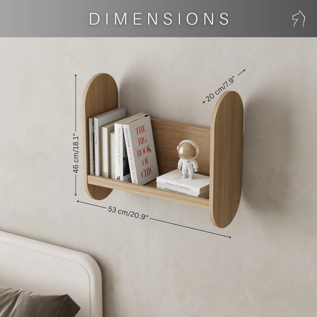 5. Size chart for kids' wooden bookshelf showing dimensions 53 cm by 46 cm by 20 cm with books and toy astronaut on shelf