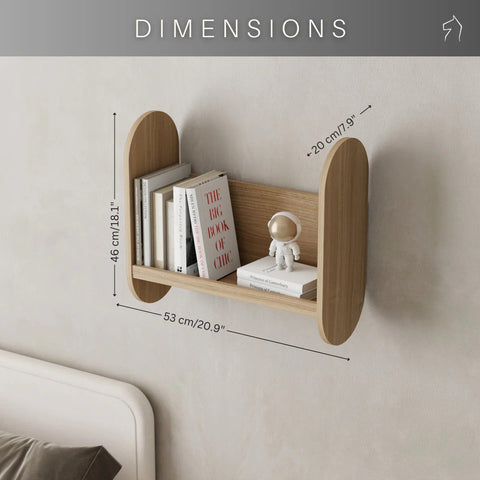 5. Size chart for kids' wooden bookshelf showing dimensions 53 cm by 46 cm by 20 cm with books and toy astronaut on shelf