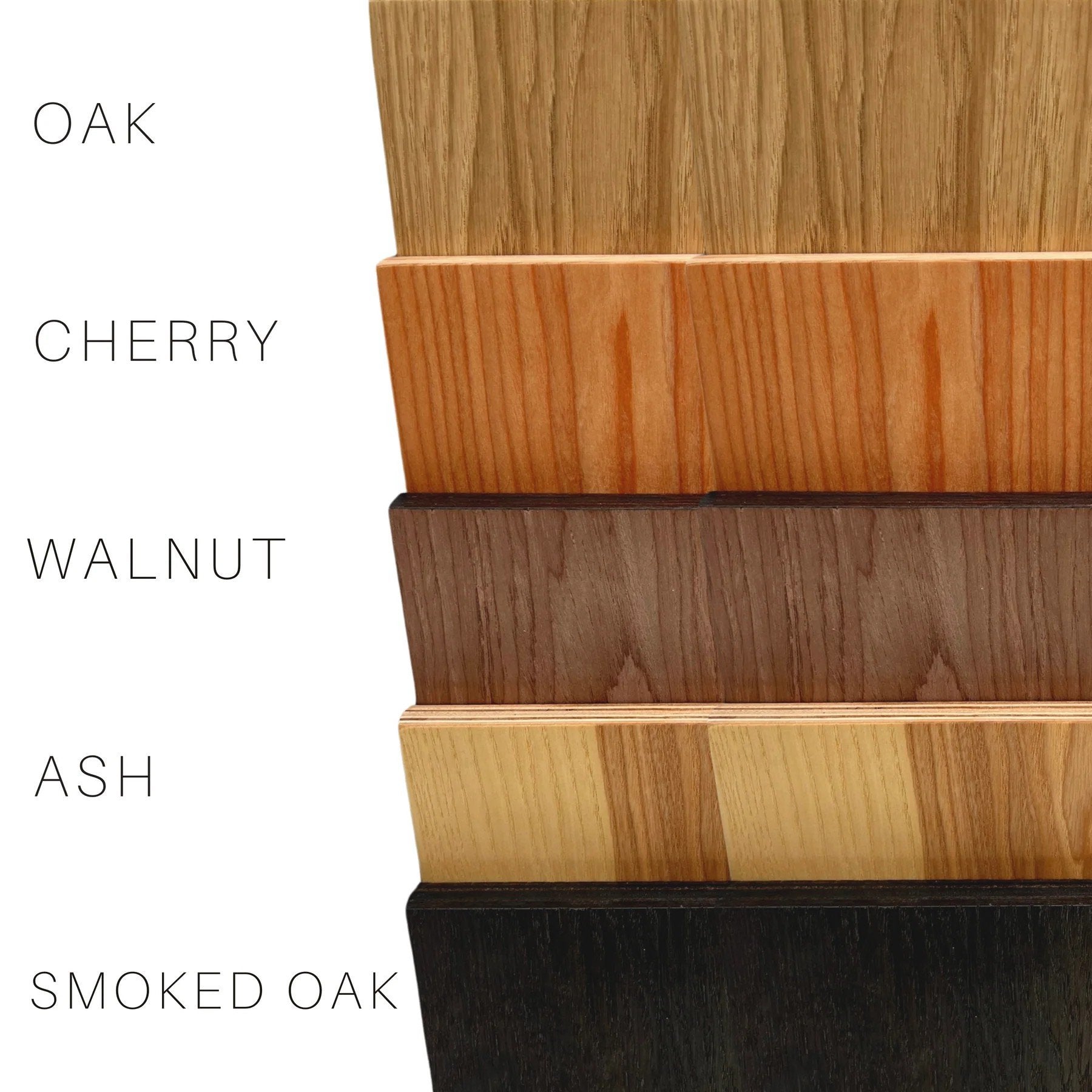 4. Flat lay of wood samples for kids' bookshelf in oak, cherry, walnut, ash, and smoked oak finishes