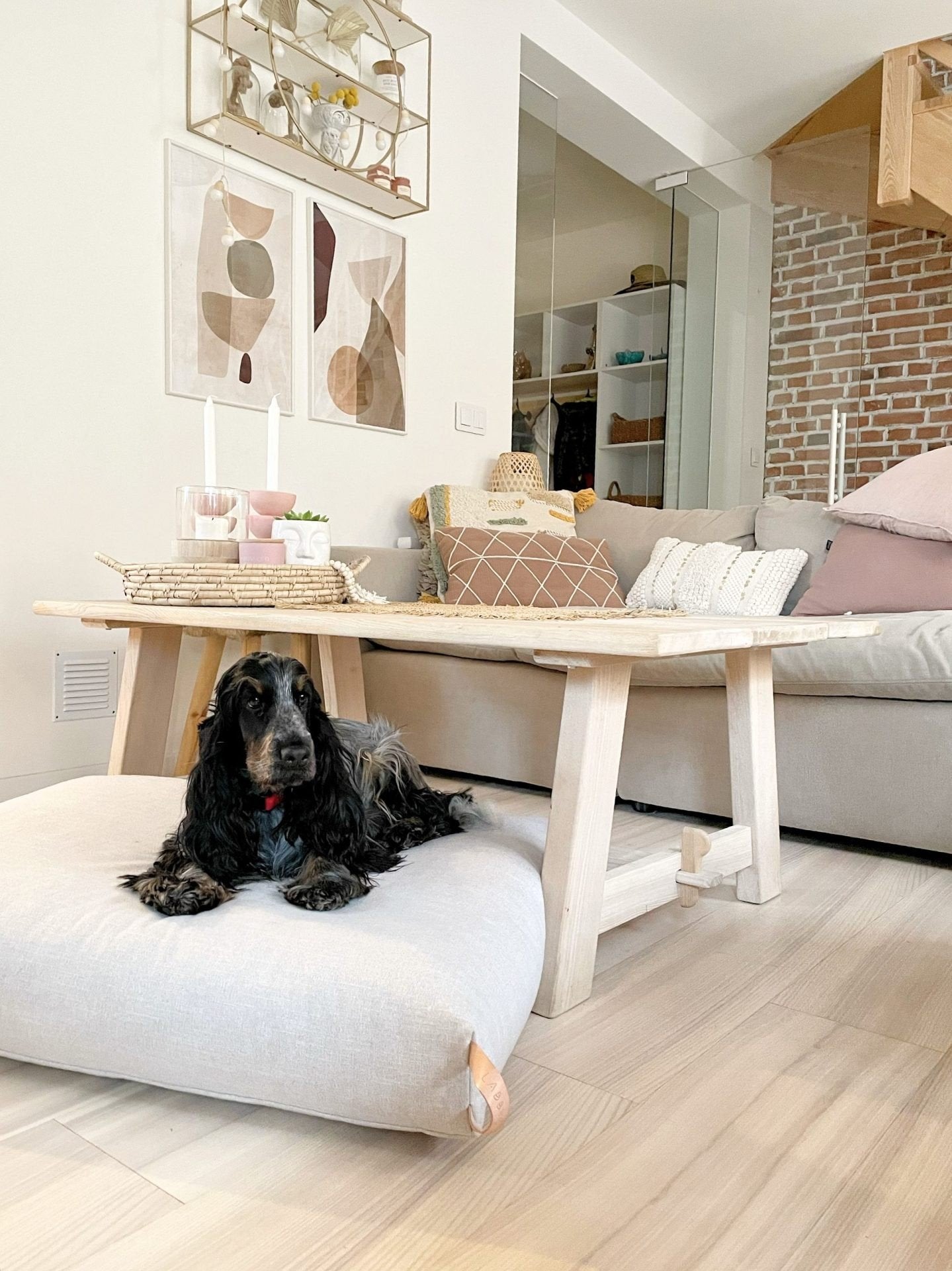 1. Black dog lounging on light beige Kiima cushion in modern living room with wooden furniture and decorative wall art